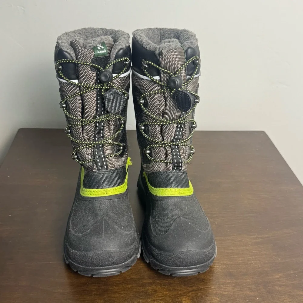 Kamik Luke Winter Boots Kids 3 Insulated -40F Snow Black Grey Yellow